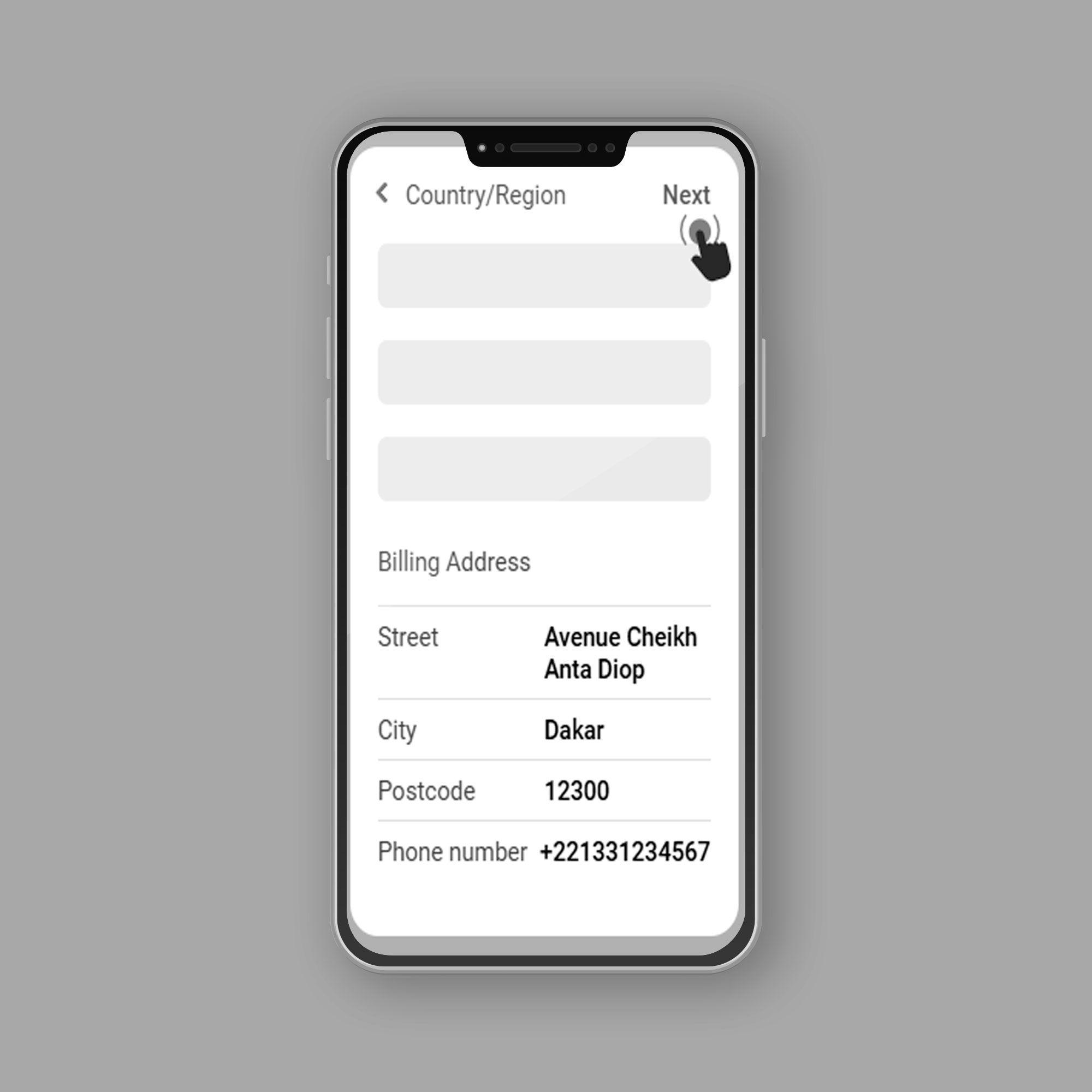 8. Fill in the address fields as shown. Select "None" from the list of payment methods, then click "Next"